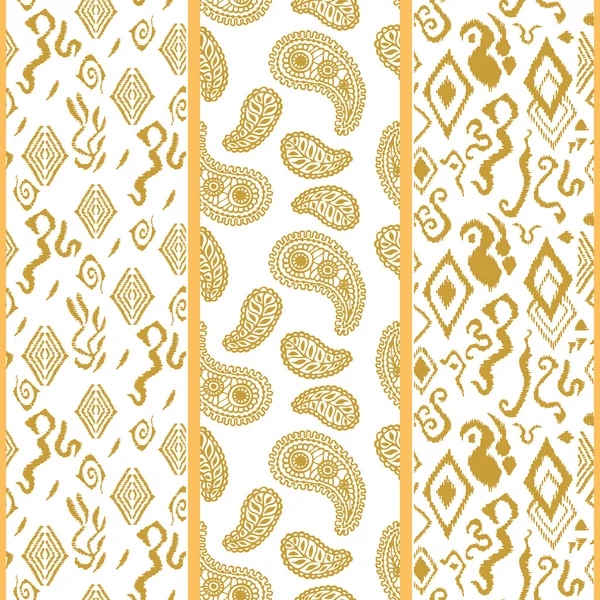 Conjunto de oro dibujado a mano ikat y paisleys fronteras . — Vector de stock