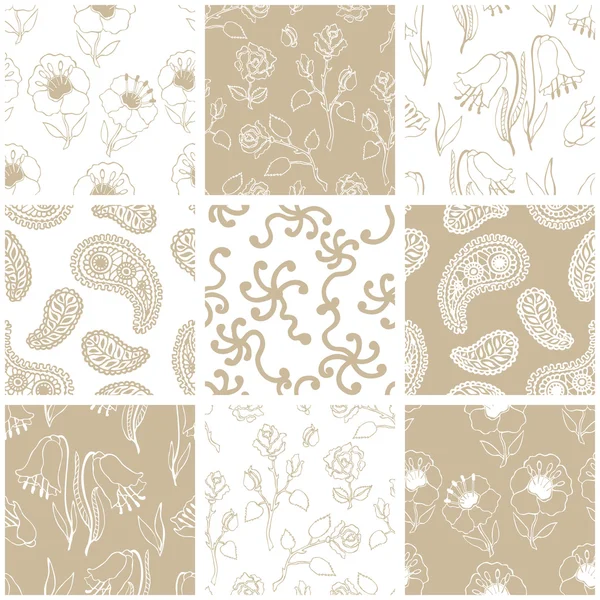 Set of Victorian damask seamless patterns with paisleys, roses and wildflowers — Stock Vector