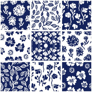 Mavi, beyaz, kırmızı patchwork. Damalı ve çiçek desenleriyle Tekstil kolaj. 