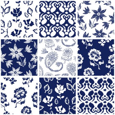 Mavi, beyaz, kırmızı patchwork. Damalı ve çiçek desenleriyle Tekstil kolaj. 