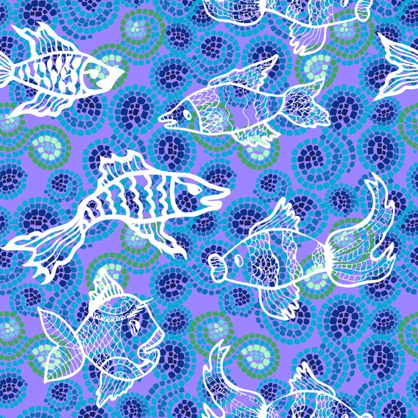 Océano tropical. Patrón vectorial sin costuras con peces y corales dibujados a mano sobre fondo de mosaico de algas marinas . — Vector de stock