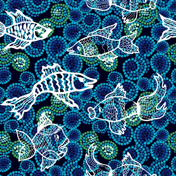Τροπικό ωκεανό. Απρόσκοπτη διάνυσμα μοτίβο με το χέρι που ψάρια και τα κοράλλια σε φύκια παρασκήνιο μωσαϊκό. — Διανυσματικό Αρχείο