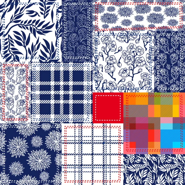 Kék, fehér, piros patchwork. Textil kollázs kockás és virág mintázatú. — Stock Vector