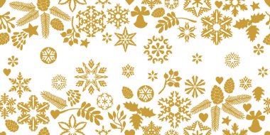 Beyaz arka planda altın kar taneleri ve diğer şenlikli dekorasyonlar.