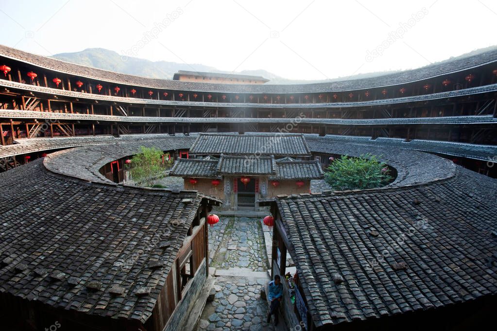 Courtyard and house temple at Chuxi village, Hakka Tolou, Yongding, Fujian, China