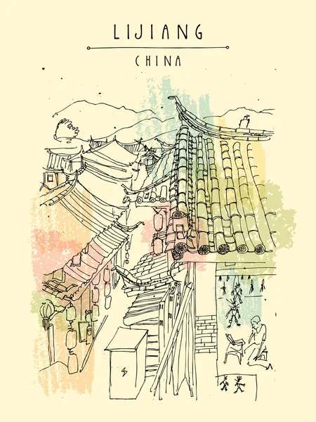 Carte postale voyage vintage Lijiang Chine — Image vectorielle