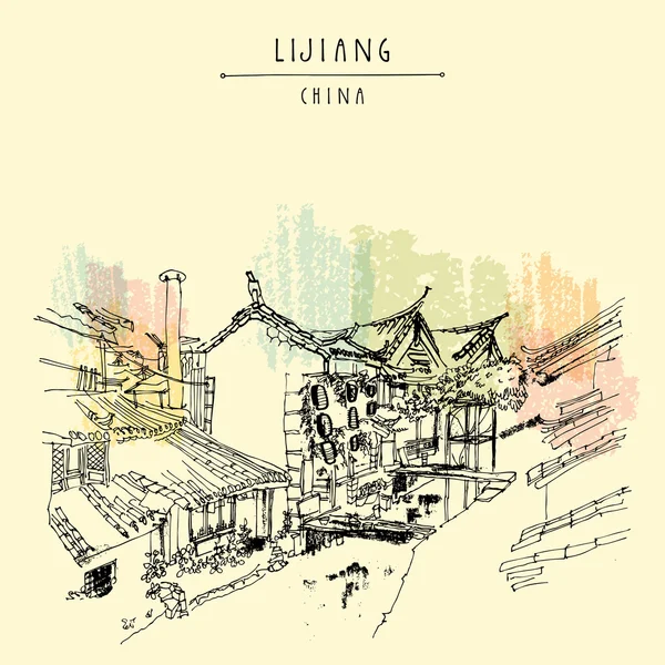 Kartu pos perjalanan vintage Lijiang China - Stok Vektor