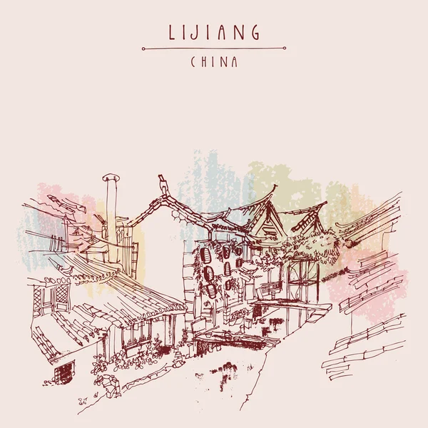 Lijiang Çin vintage seyahat kartpostal — Stok Vektör