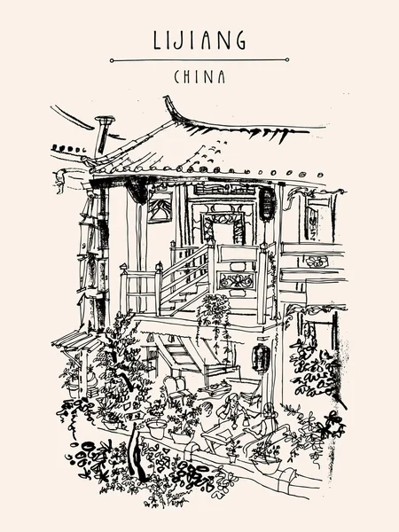 Lijiang China vintage travel postcard — Stock Vector