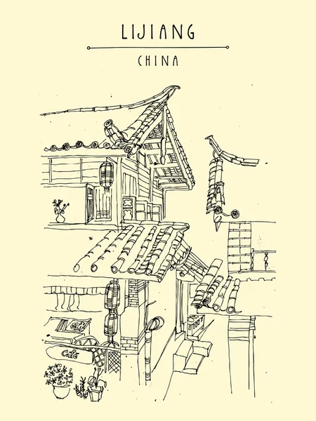 丽江中国复古旅游明信片 — 图库矢量图片