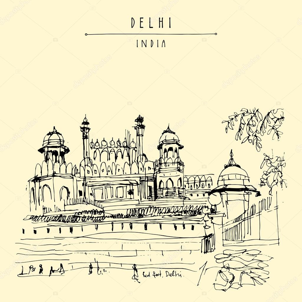 Premium Vector | Red fort black and white illustration of red fort