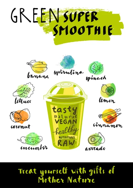 Afiche verde super smoothie — Vector de stock