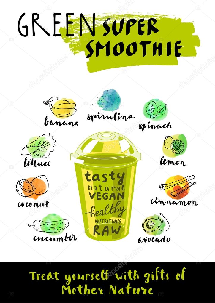 Superfoods smoothie poster. Hand drawn calligraphic nutritious organic food labels set. Vector fresh healthy food icons. Vintage badges for restaurant menu or food package. Leaflet design