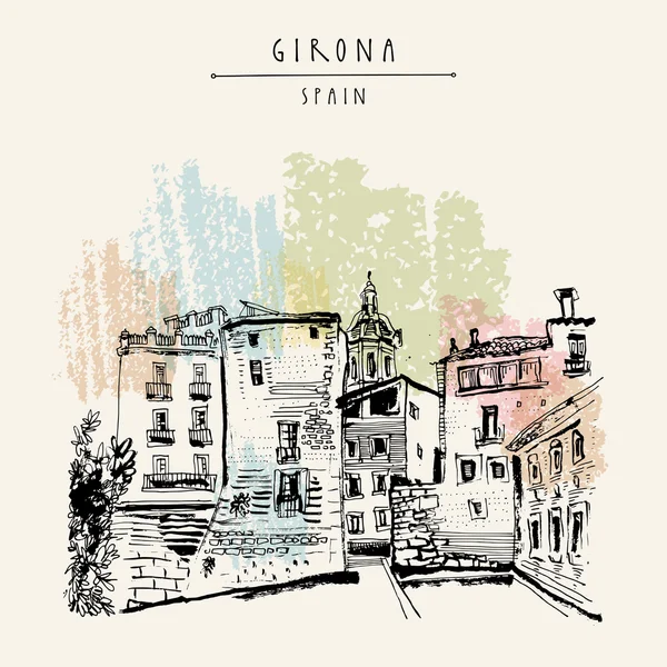 Cidade velha em Girona, Catalunha, Espanha —  Vetores de Stock