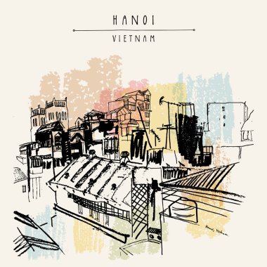 Hanoi Vietnam el çizilmiş kartpostal