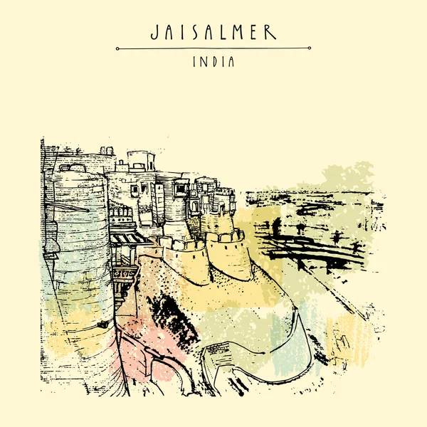 View of Jaisalmer fort postcard — Stock Vector