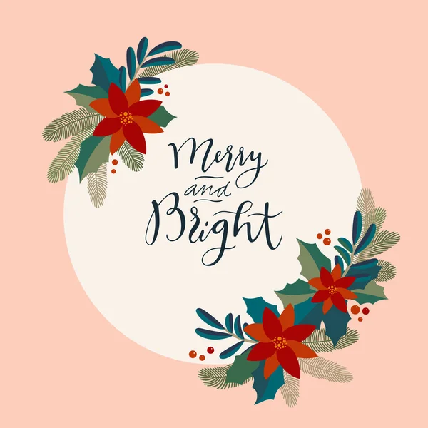 Merry Bright Karácsonyi Évjárat Művészi Kalligráfiai Üdvözlőlap Egy Magyal Bogyók — Stock Vector