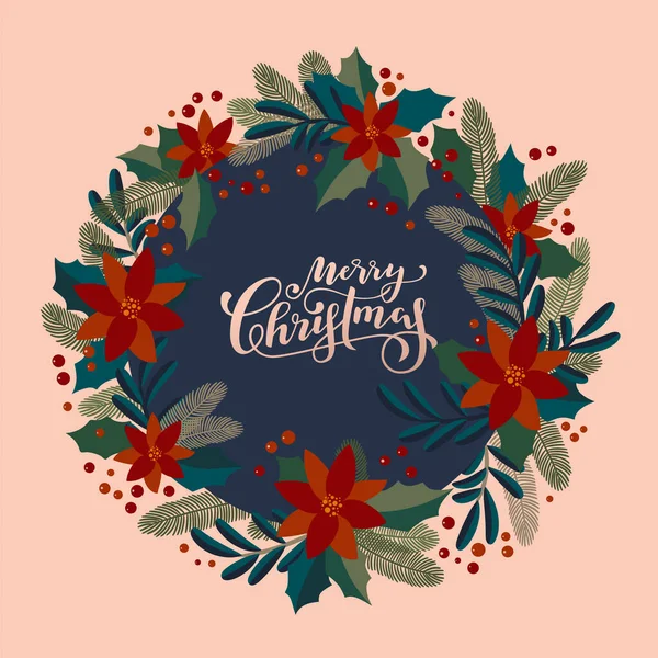 Boldog Karácsonyt Évjárat Művészi Kalligráfiai Üdvözlőlapot Egy Magyal Bogyók Koszorú — Stock Vector