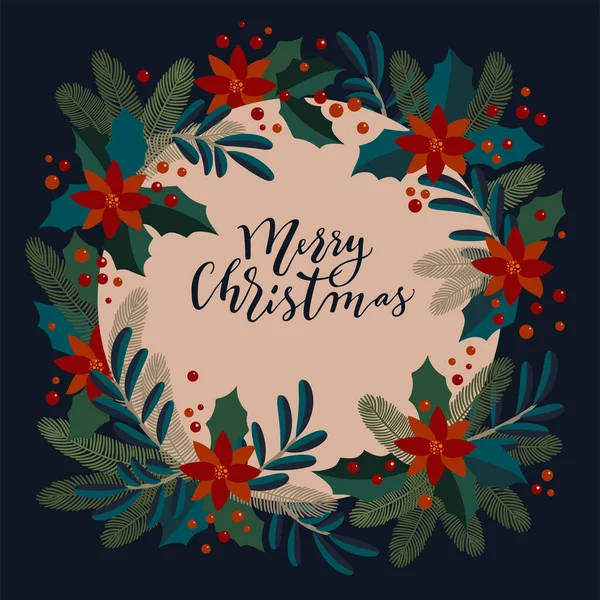 Καλές Χριστουγεννιάτικες Καλλιτεχνικές Καλλιγραφικές Ευχετήριες Κάρτες Στεφάνι Από Μούρα Poinsettia — Διανυσματικό Αρχείο