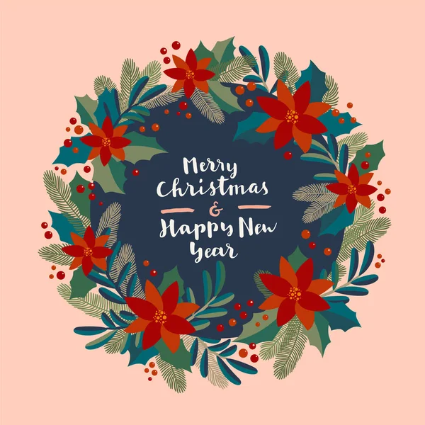 Boldog Karácsonyt Boldog Évet Művészeti Kalligráfiai Üdvözlőlapot Koszorúval Poinsettia Fagyöngy — Stock Vector