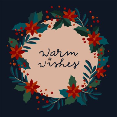 Sıcak dilekler. Klasik kış tatili yazı kartı. Mutlu Noeller sanatsal tebrik kartı.