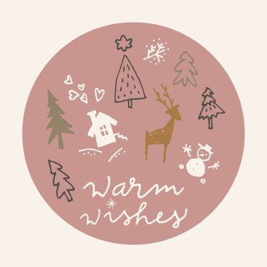 Sıcak dilekler. Klasik kış tatili yazı kartı. Mutlu Noeller sanatsal tebrik kartı. Yaratıcı çizim