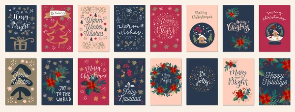 Set Feliz Navidad Felices Fiestas Vintage Dibujado Mano Tarjetas Felicitación — Vector de stock