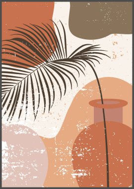 Minimalist duvar sanatı. Boho estetik iç mimarisi için soyut sanatsal baskılar. Ev dekorasyonu duvar sanatı. Yanmış portakal, terakotta, hardal rengi. Suluboya, palmiye yaprağı, vazo. Çağdaş yazdırılabilir sanat