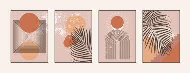 Minimalist duvar sanatı. Boho estetik iç mimarisi için soyut geometrik baskılar. Ev dekorasyonu duvar izleri. Yanmış turuncu, terakotta renkleri, hardal renkleri. Güneş ve ay. Çağdaş sanatsal baskılar