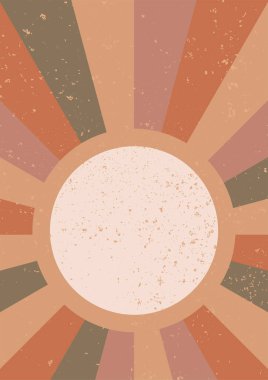 Güneş. Minimalist geometrik duvar sanatı. Boho estetik iç mimarisi için soyut bir manzara. Ev dekorasyonu duvar baskısı. Yumuşak pembe, hardal renginde terakotta renkleri. Güneş çağdaş yazdırılabilir resimleme