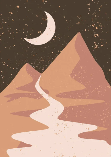 Нічний Пустельний Пейзаж Горами Дорогою Мінімалістичне Настінне Мистецтво Абстрактний Принт — стоковий вектор