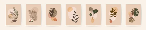 博豪美学抽象植物墙艺术招贴画 斯堪的纳维亚式设计中性自然色彩波希米亚拼贴墙画 世纪中叶现代设计 植物水果海报古色古香图解 — 图库矢量图片