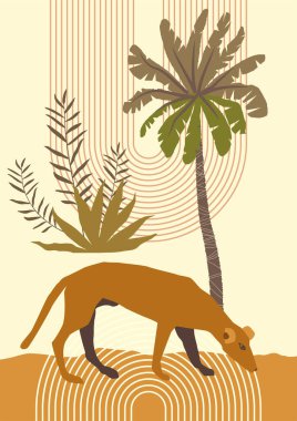 Tropik yaz ortalarında modern vahşi yaşam hayvan barınağı sanat baskısı. Gauguin, Boho tarzı egzotik palmiye ağacı tropikal çöl köpeği hipster duvar dekorundan esinlenmiştir. Soyut yazdırılabilir ISO orantılı illüstrasyonları