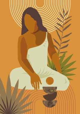 Oturan egzotik kadın baskısı. Spa Wellness Resort Cilt Bakımı posteri. Fransız Polinezya Tahiti kültürü. Bohem tropikal kadın Gauguin, boho duvarlı ev dekorasyonuna ilham kaynağı oldu. Sıcak renkler sanat