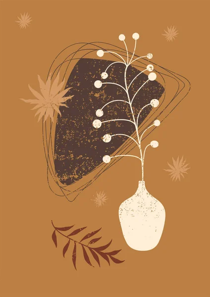 Semleges Minimális Botanikus Fal Nyomtatási Illusztráció Barna Bézs Terrakotta Színek — Stock Vector