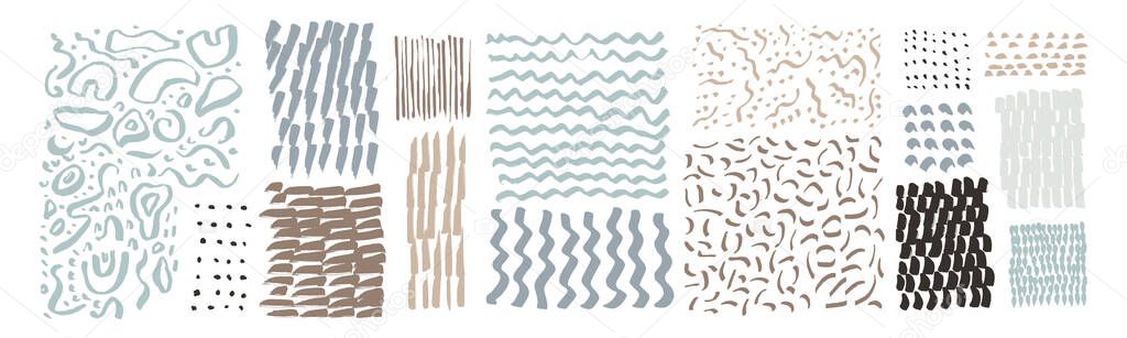 Set of hand drawn textures. Uneven natural hand-crafted lines, curved shapes, dots, daubs, smears, undulating waves, fluid shapes, patterns, organic details, brush strokes. Organic design elements