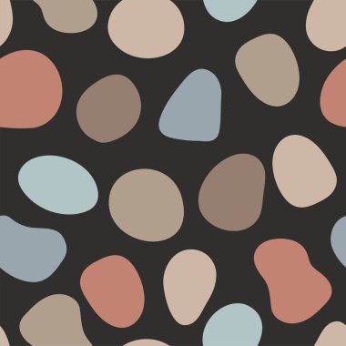 Sanatsal soyut çakıl taşları kusursuz desen. Renkli sanatsal sıvı organik şekiller. İzole edilmiş nötr toprak tonu arka plana dağılmış renksiz grafik elementler. Doğal arkaplan çizimi