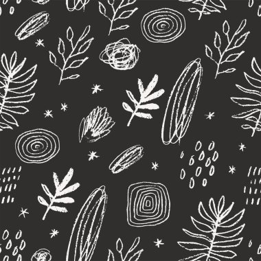 Doğal tasarım elementleriyle sanatsal kusursuz desen, soyut bitkiler, otlar, çizgiler, yapraklar, arka planda dağılmış orman karalamaları. Doğal arkaplan çizimi