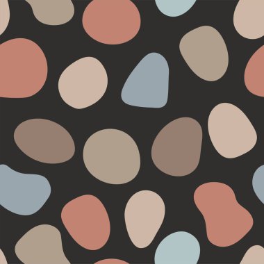 Sanatsal soyut çakıl taşları kusursuz desen. Renkli sanatsal sıvı organik şekiller. İzole edilmiş nötr toprak tonu arka plana dağılmış renksiz grafik elementler. Doğal arkaplan çizimi