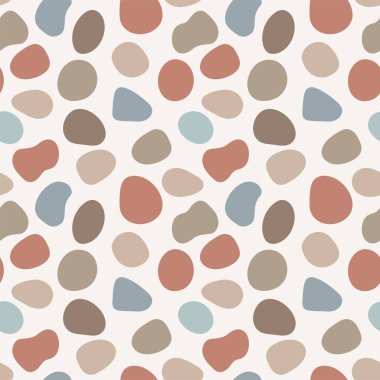 Sanatsal soyut çakıl taşları kusursuz desen. Renkli sanatsal sıvı organik şekiller. İzole edilmiş nötr toprak tonu arka plana dağılmış renksiz grafik elementler. Doğal arkaplan çizimi