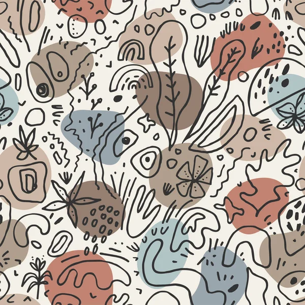 芸術的なシームレスなパターン 曲技流体有機形状 自然設計要素 抽象的な小石 ハーブ ライン 地球のトーン 中性土色 ビーチの世界の夢のパターン — ストックベクタ