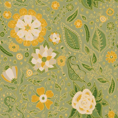 Sanatsal kusursuz desen. Elle çizilmiş lüks çiçekli arka plan. Yeşillik, çiçeklerin pürüzsüz dokusu. Duvar kağıdı, döşeme, kumaş tasarımı illüstrasyonu