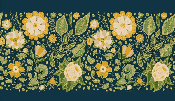 花のようなシームレスな国境 手描きの豪華な植物の繰り返しの背景 花のシームレスなテクスチャ 無限の芸術の花のリボン 布張り ファブリックデザインイラスト — ストックベクタ