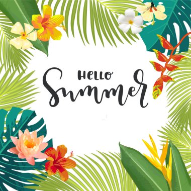 Vector Hawaiian Plaj Partisi kaligrafi tebrik kartı. Yaz kartpostalları, egzotik tropik yapraklı posterler, çiçekler. Parlak orman geçmişi. Parlak renkli
