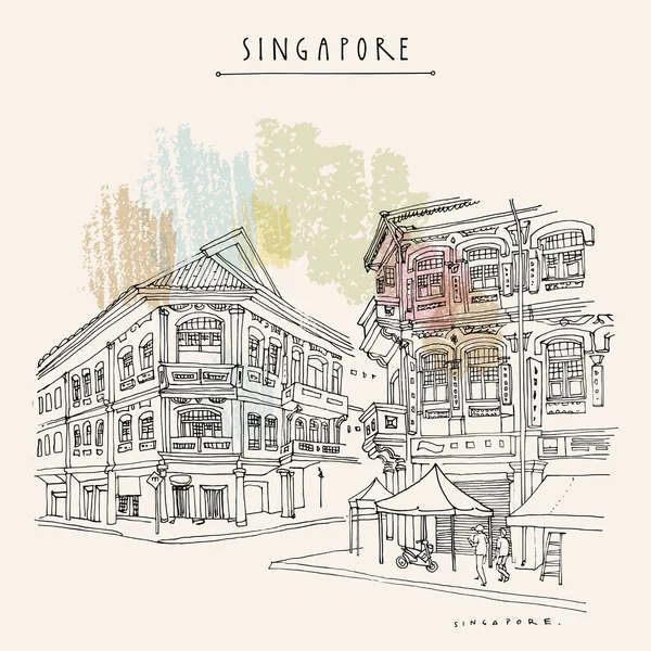 新加坡的旅游观光指南说明 新加坡城市景观 古城复古海报 艺术风格的旅行草图 手绘复古旅游明信片 小册子图解 — 图库矢量图片