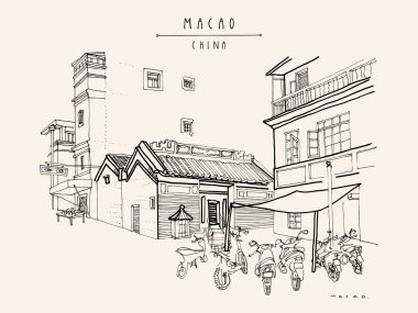 Macao retro postcard. Chinese Kuan Tai (Sam Kai Vui Kun) temple. Old town historical center. Macau (Macao), China, Asia. Artistic drawing. Asian travel sketch. Vintage hand drawn postcard, poster clipart