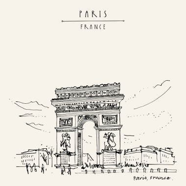 Paris, Fransa. Zafer Takı (Zafer Takı) Fransa 'nın başkentinde. El çizimi. Retro stil sanatsal seyahat skeci. Klasik el çizimi turistik kartpostal, poster, kitap illüstrasyonu