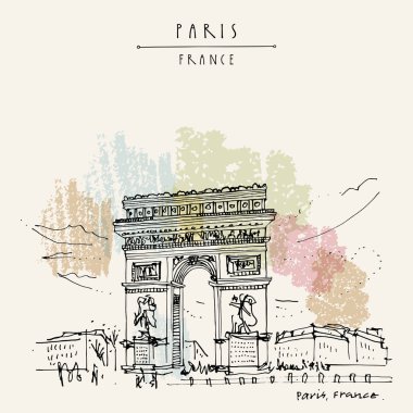 Paris, Fransa. Zafer Takı (Zafer Takı) Fransa 'nın başkentinde. El çizimi. Retro stil sanatsal seyahat skeci. Klasik el çizimi turistik kartpostal, poster, kitap illüstrasyonu