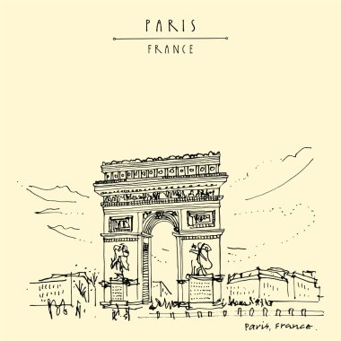 Paris, Fransa. Zafer Takı (Zafer Takı) Fransa 'nın başkentinde. El çizimi. Retro stil sanatsal seyahat skeci. Klasik el çizimi turistik kartpostal, poster, kitap illüstrasyonu