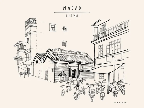 Carte Postale Rétro Macao Temple Chinois Kuan Tai Sam Kai — Image vectorielle